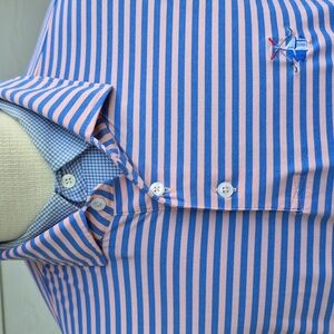 DRADDY Sport Pink Blue Striped Polyester Blend Embroidered XL Mens Golf Polo Shi